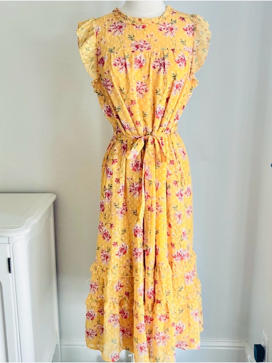 Dr2 Swiss Dot Floral Print Ruffle Cap Sleeve Tiered Midi Dress, Goldenrod, Sz S